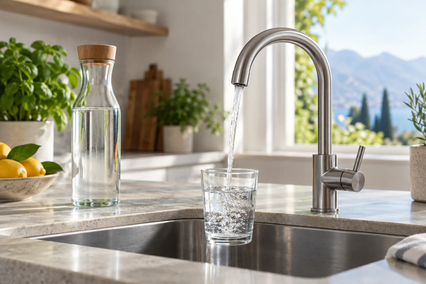 Una bottiglia di vetro riutilizzabile e un bicchiere d’acqua in cucina